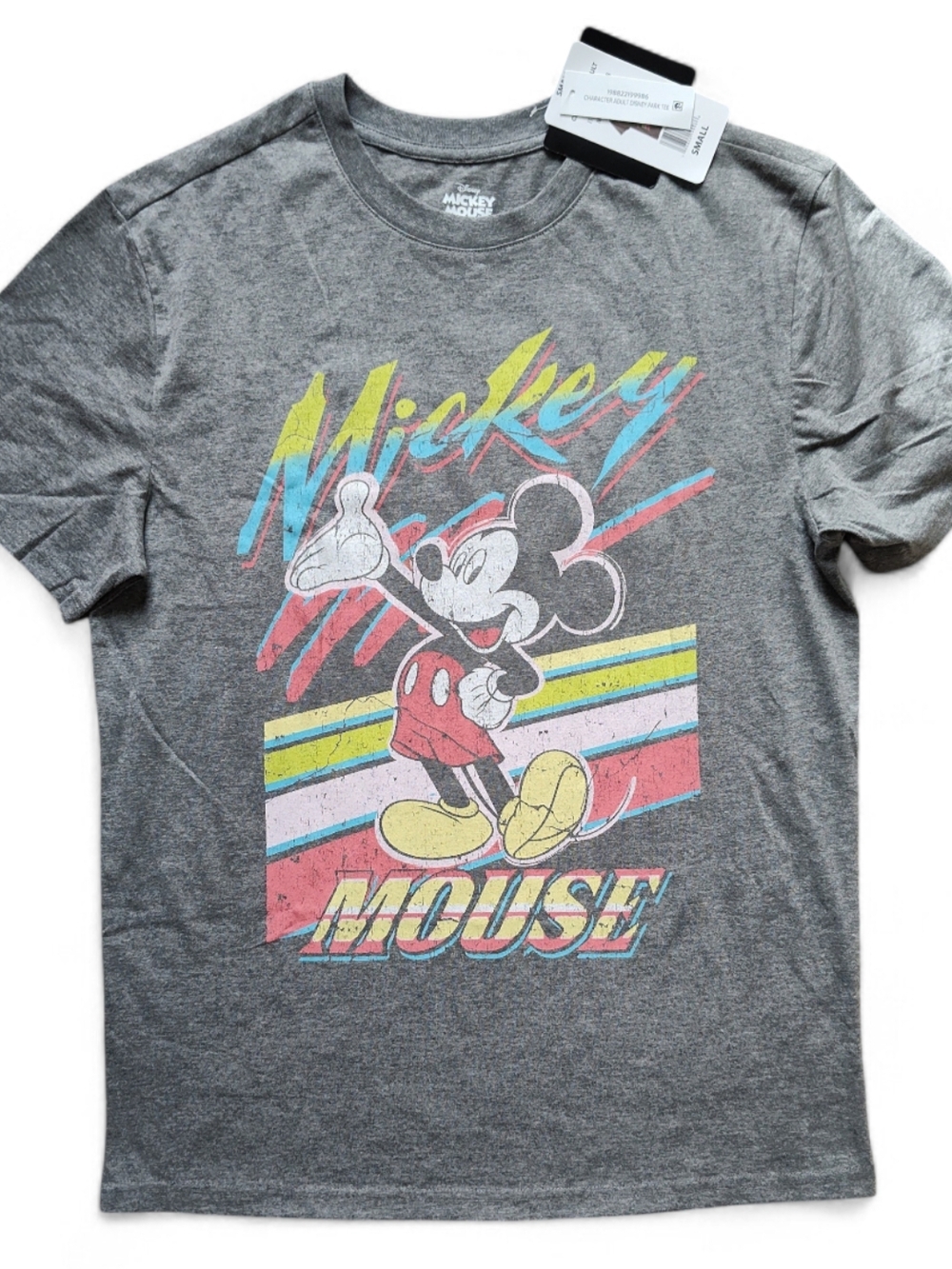 Disney Grey Mickey Mouse Tee with Bright Retro Pink, Blue & Yellow Graphic Small